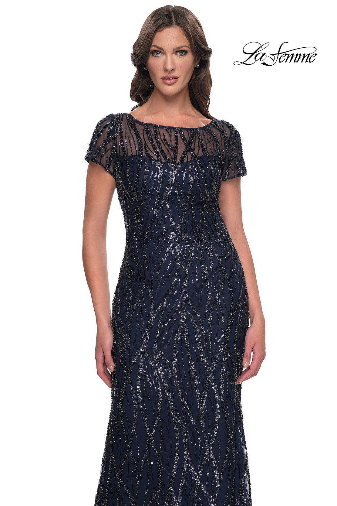 Picture of: Beaded Print Fitted Evening Dress with Illusion Neckline in Navy, Style: 31005, Detail Picture 1