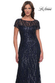 Picture of: Beaded Print Fitted Evening Dress with Illusion Neckline in Navy, Style: 31005, Detail Picture 1