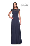Picture of: A-Line Satin Dress with Stunning Beaded Neckline and Short Sleeves in Navy, Style: 31195, Detail Picture 1