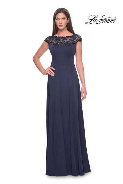 Picture of: A-Line Satin Dress with Stunning Beaded Neckline and Short Sleeves in Navy, Style: 31195, Detail Picture 1