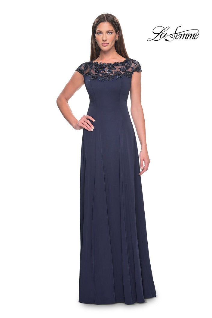 Picture of: A-Line Satin Dress with Stunning Beaded Neckline and Short Sleeves in Navy, Style: 31195, Detail Picture 1