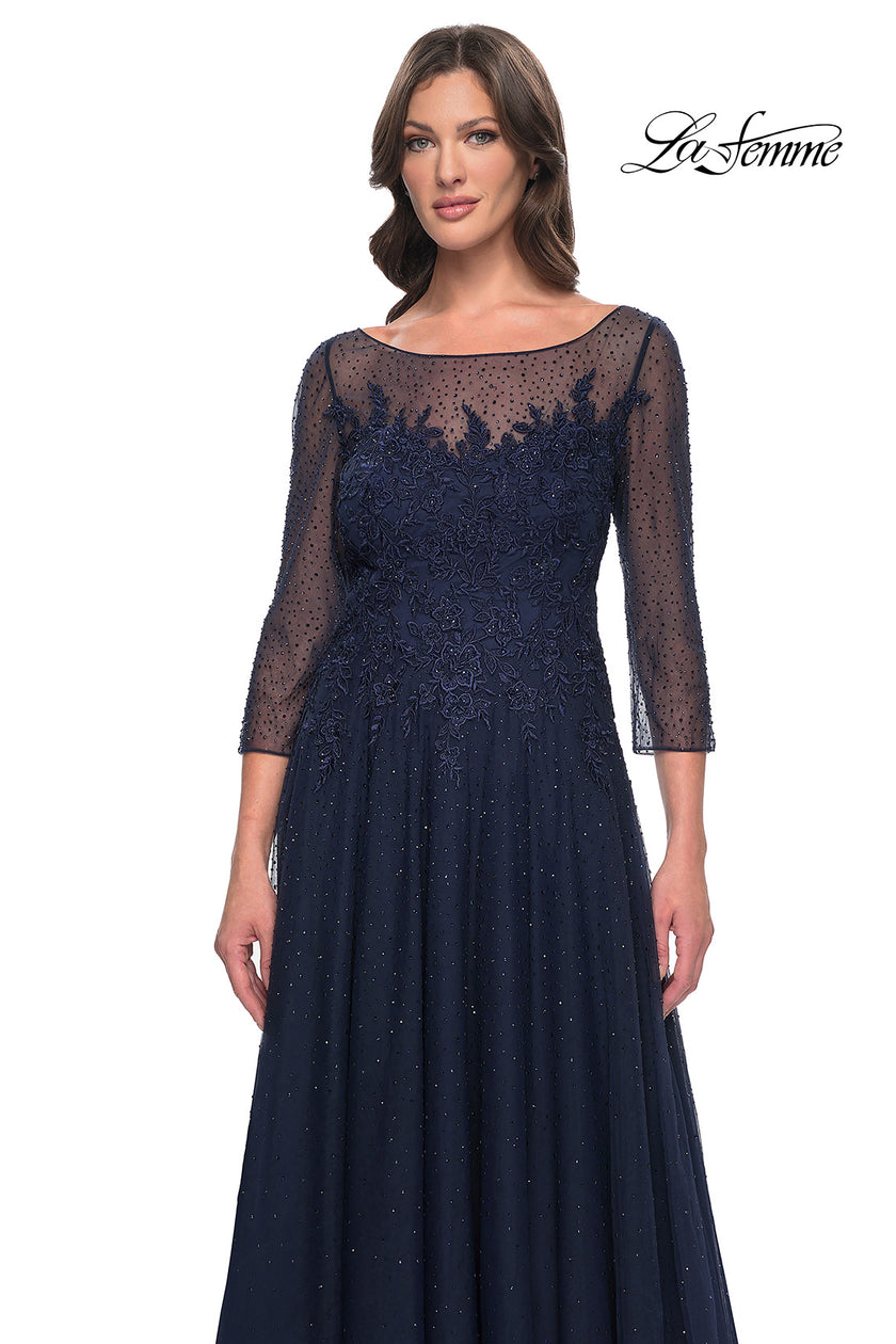 Picture of: Rhinestone Embellished A-Line Tulle and Lace Evening Dress in Navy, Style: 31235, Detail Picture 1