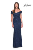 Picture of: Off the Shoulder Beaded Lace Evening Gown in Navy, Style: 31679, Detail Picture 1