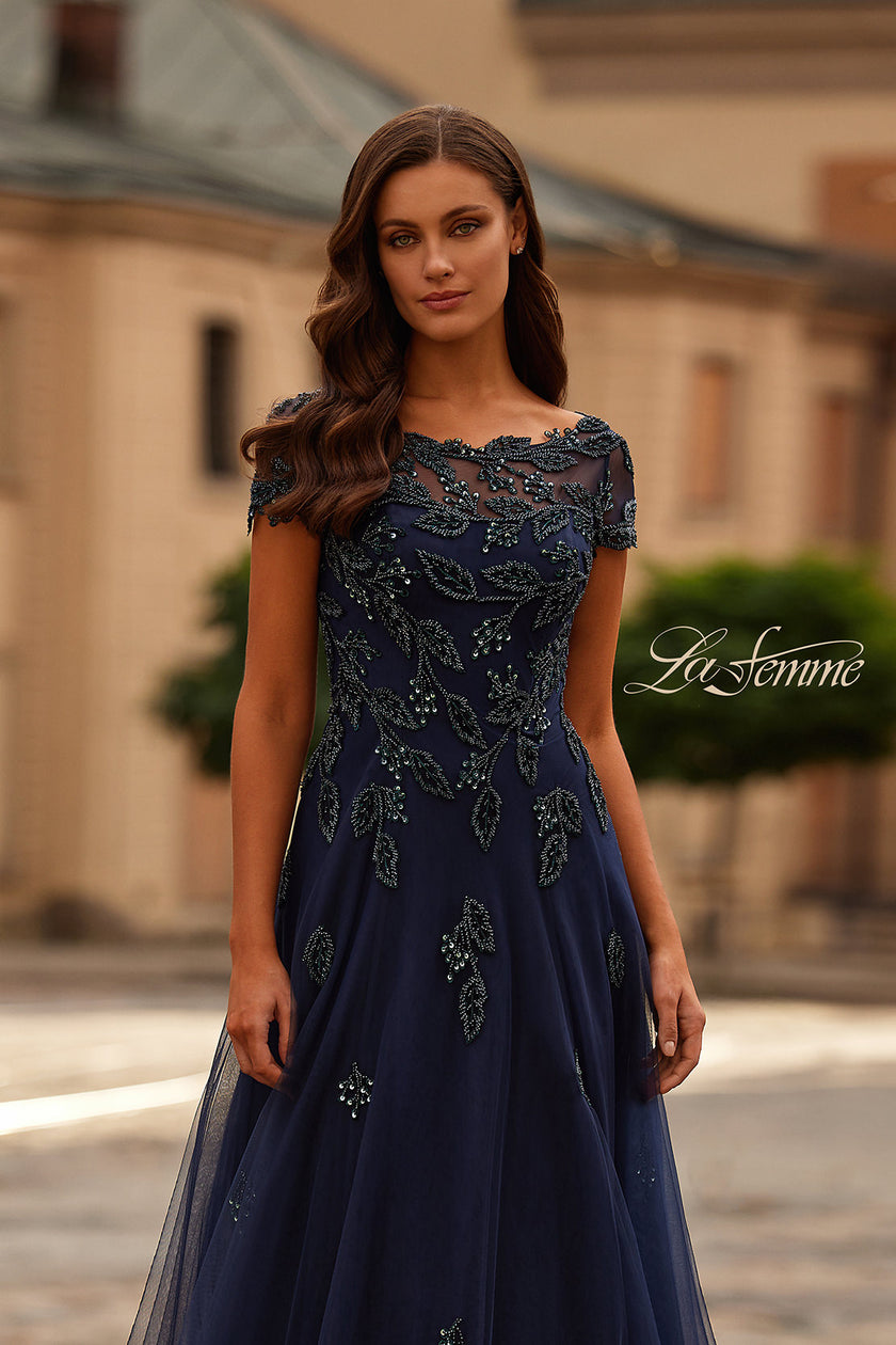 Picture of: Gorgeous Gown with Beaded Lace Applique in Navy, Style: 31692, Detail Picture 1