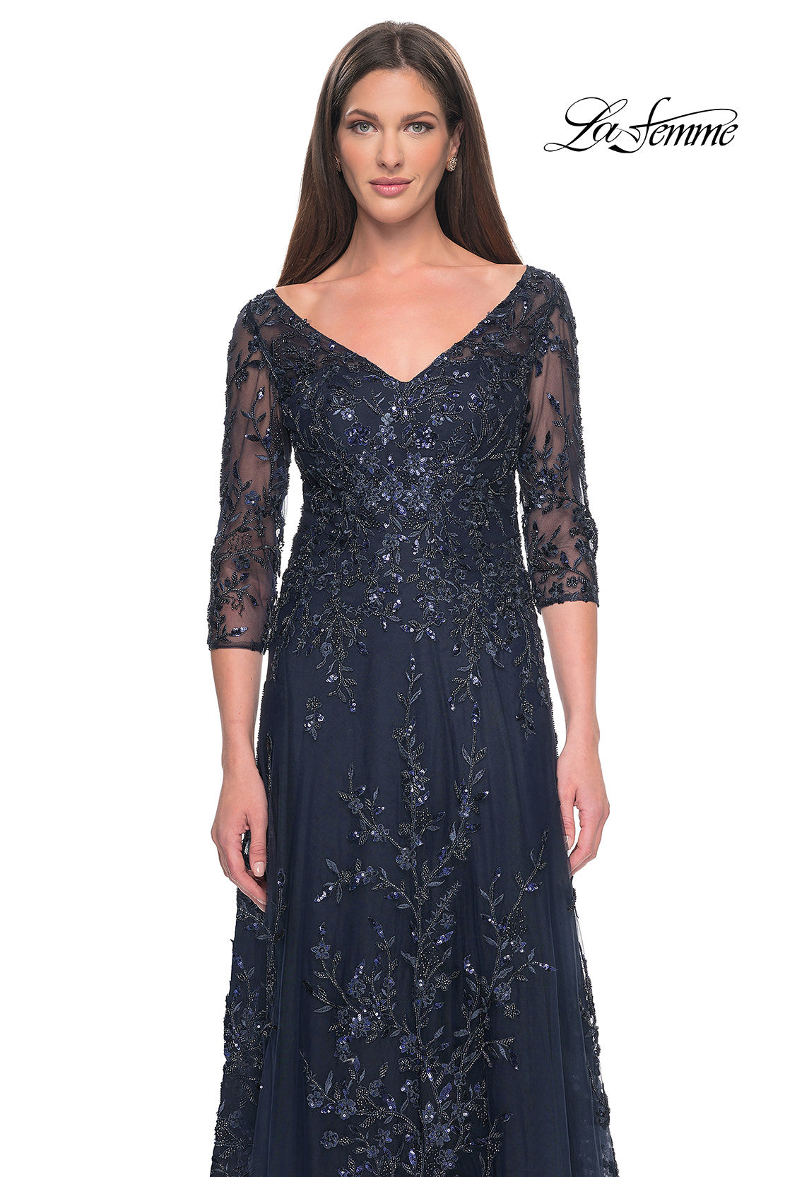 Picture of: Stunning Evening Gown with Lace Beaded Design in Navy, Style: 31719, Detail Picture 1