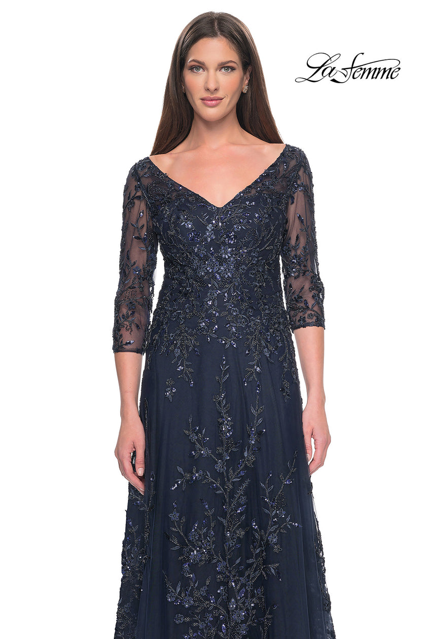 Picture of: Stunning Evening Gown with Lace Beaded Design in Navy, Style: 31719, Detail Picture 1