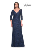 Picture of: Fitted Beaded Lace Evening Gown with Ruching in Navy, Style: 31721, Detail Picture 1