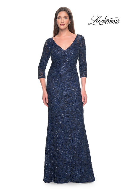 Picture of: Fitted Beaded Lace Evening Gown with Ruching in Navy, Style: 31721, Detail Picture 1