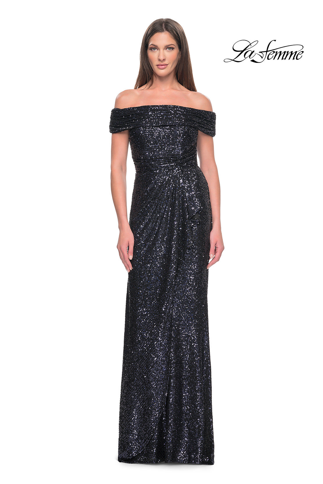 Picture of: Off the Shoulder Sequin Gown with Ruching in Navy, Style: 31772, Detail Picture 1