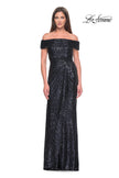 Picture of: Off the Shoulder Sequin Gown with Ruching in Navy, Style: 31772, Detail Picture 1