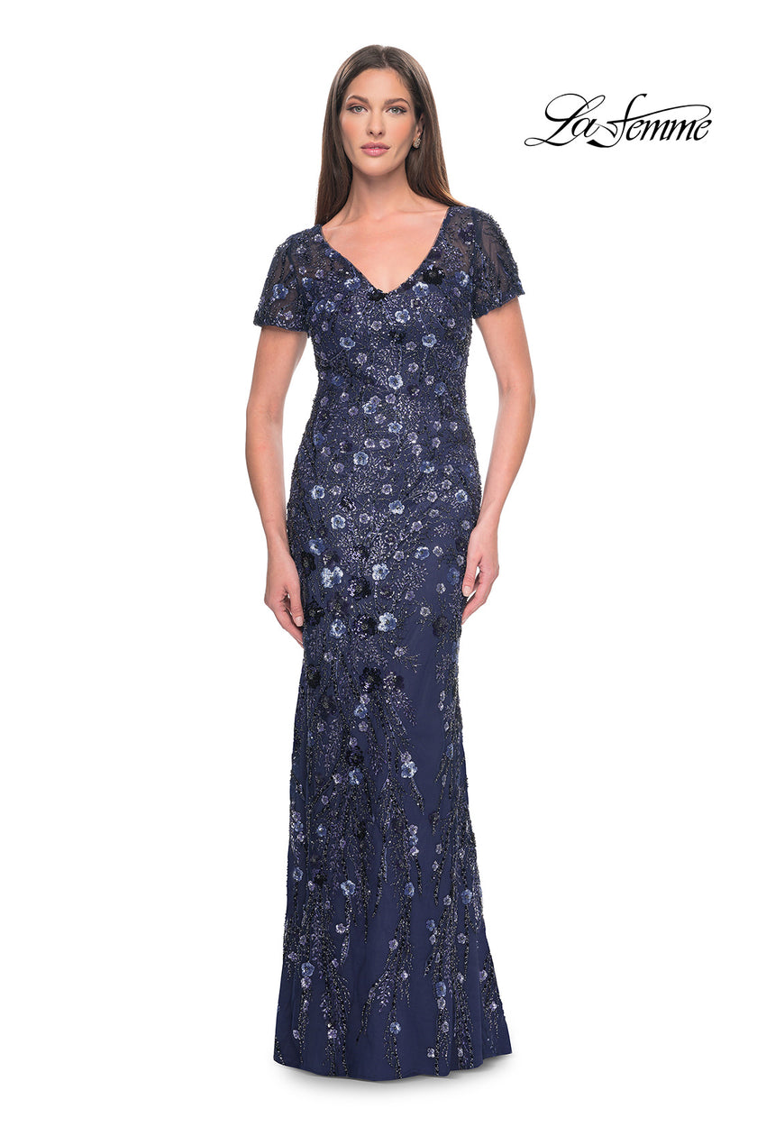 Picture of: Mother of the Bride Dress with Unique Floral Sequin Design in Navy, Style: 31779, Detail Picture 1