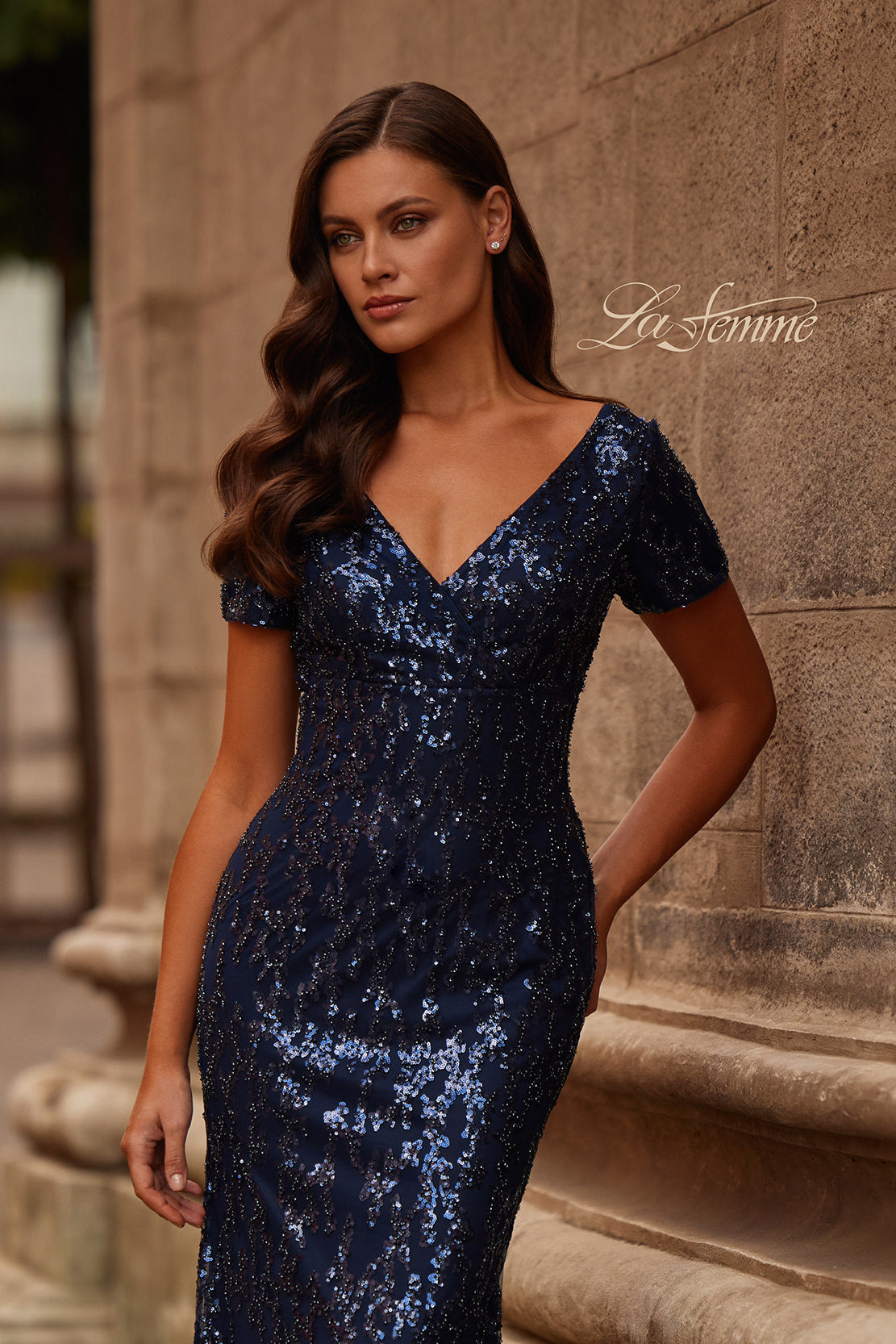 Picture of: Empire Waist Evening Dress with Print Sequin Design in Navy, Style: 31787, Detail Picture 1