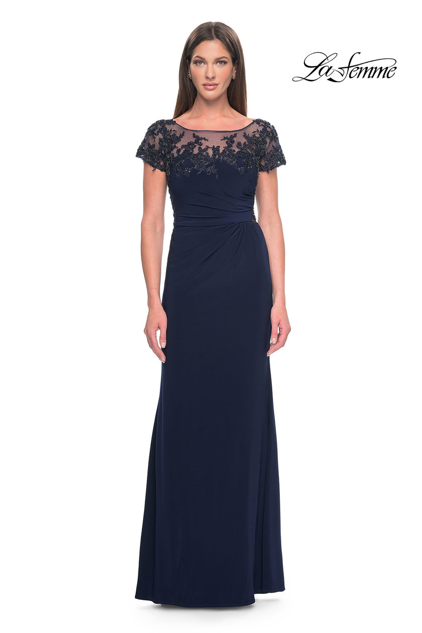 Picture of: Chic Jersey and Lace Evening Dress with Short Sleeves in Navy, Style: 31805, Detail Picture 1