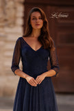 Picture of: Rhinestone Tulle Gown with Full Skirt and Ruched Bodice in Navy, Style: 32460, Detail Picture 1