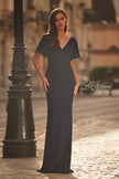 Picture of: Flutter Sleeve Rhinestone Embellished Evening Dress in Navy, Style: 32495, Detail Picture 1