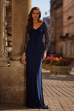 Picture of: Elegant Evening Jersey Dress with Illusion Lace Sleeves in Navy, Style: 32609, Detail Picture 1