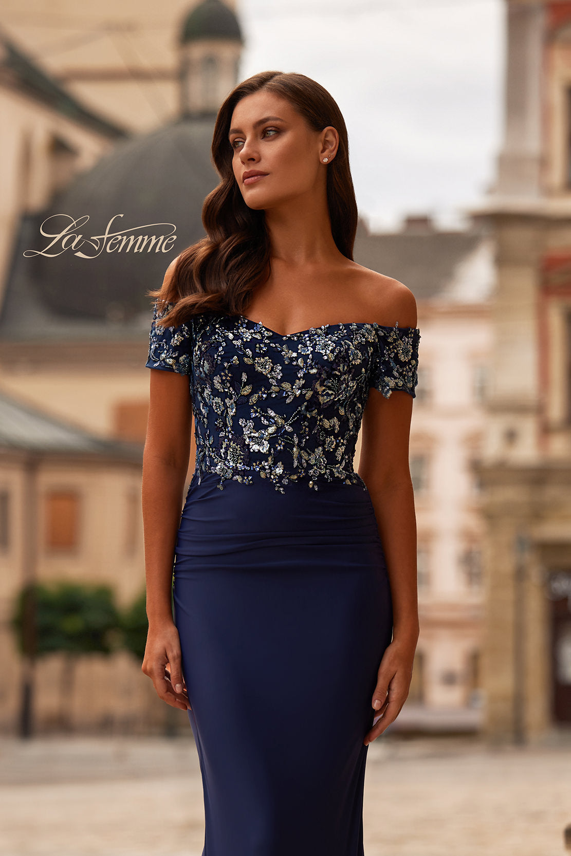 Picture of: Off the Shoulder Jersey Gown with Floral Sequin Top in Navy, Style: 32739, Detail Picture 1