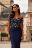 Picture of: Off the Shoulder Jersey Gown with Floral Sequin Top in Navy, Style: 32739, Detail Picture 1