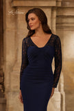 Picture of: Long Sleeve Evening Dress with Ruching and Lace Details in Navy, Style: 33121, Detail Picture 1
