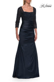 Picture of: Beaded Bodice Satin Gown with Three-Quarter Sleeves in Navy, Style: 33659, Detail Picture 1