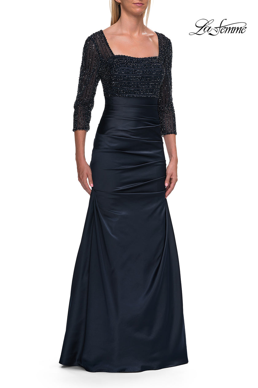 Picture of: Beaded Bodice Satin Gown with Three-Quarter Sleeves in Navy, Style: 33659, Detail Picture 1