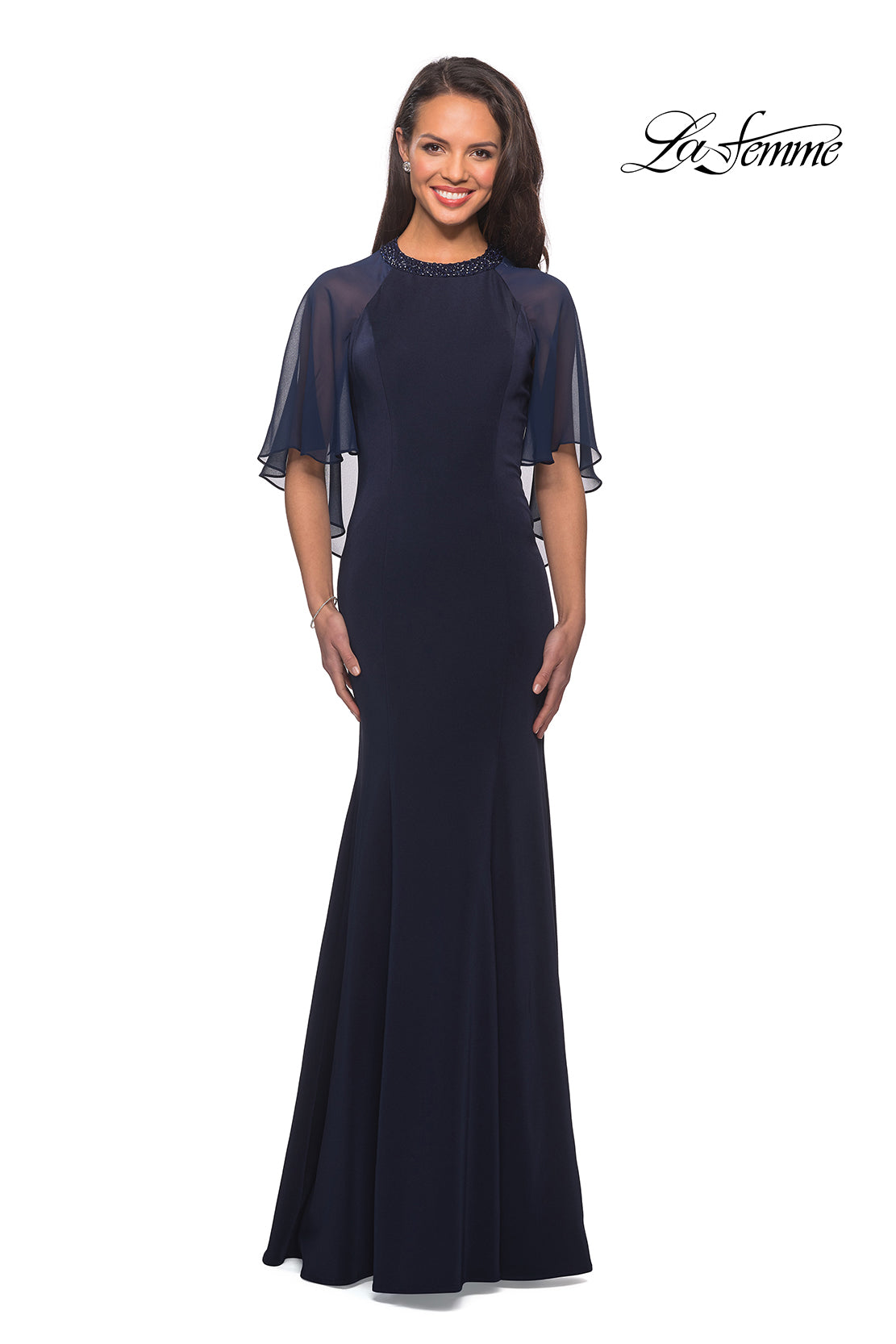 Picture of: Long Gown with sheer sleeves and beaded neckline in Navy, Style: 25006, Detail Picture 2
