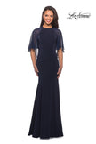 Picture of: Long Gown with sheer sleeves and beaded neckline in Navy, Style: 25006, Detail Picture 2