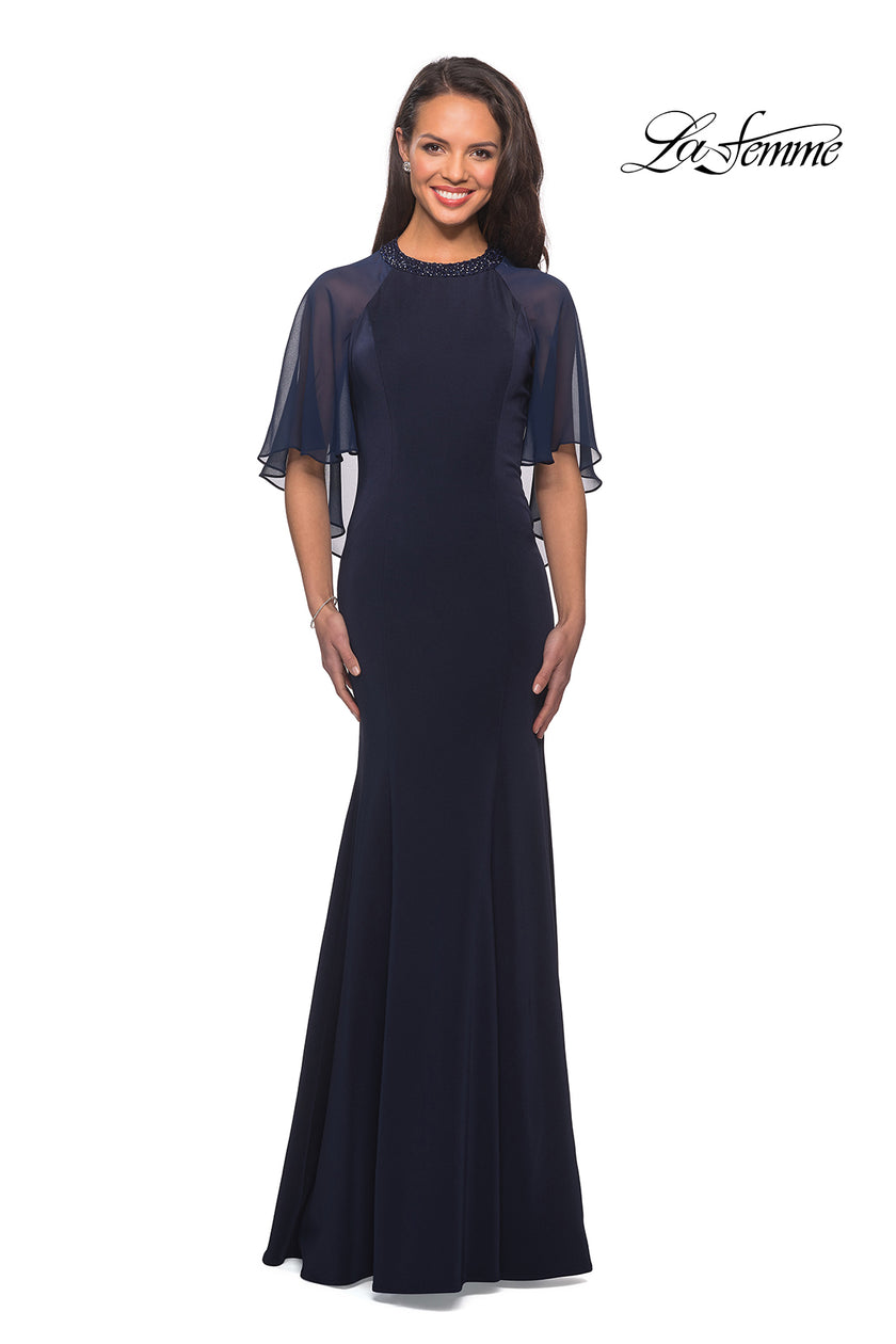 Picture of: Long Gown with sheer sleeves and beaded neckline in Navy, Style: 25006, Detail Picture 2