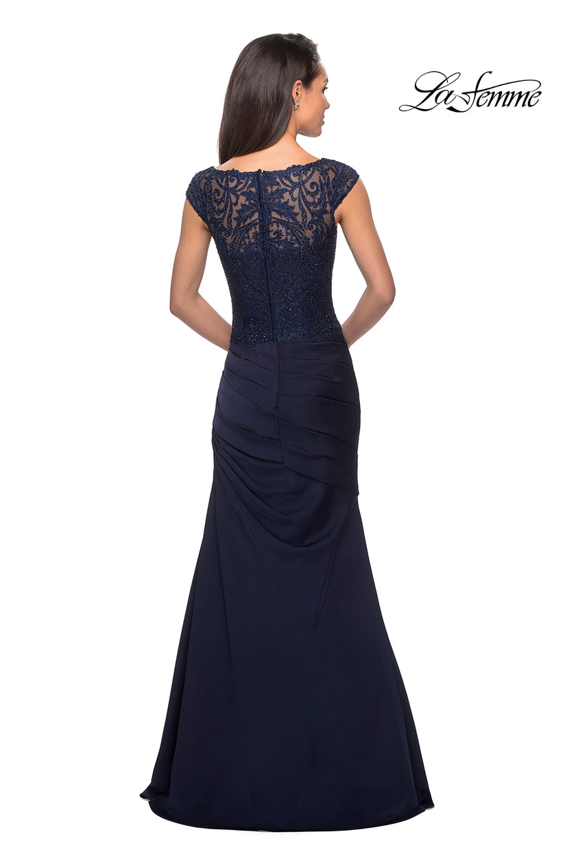 Picture of: Floor Length Jersey Dress with Embellished Bodice in Navy, Style: 25396, Detail Picture 2