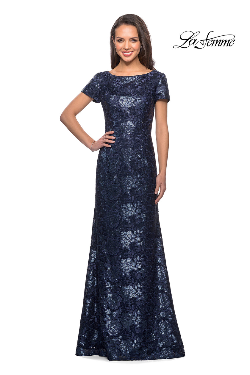 Picture of: Floor Length Short Sleeve Lace Dress in Navy, Style: 27884, Detail Picture 2