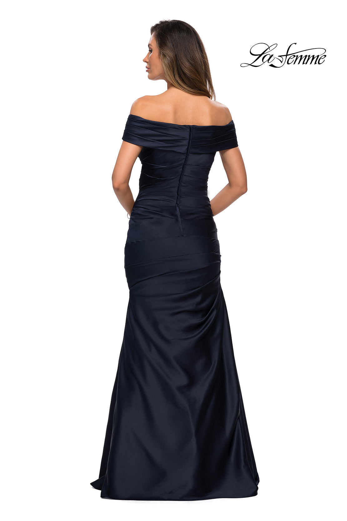 Picture of: Off the Shoulder Satin Evening Gown with Pleating in Navy, Style: 28047, Detail Picture 2