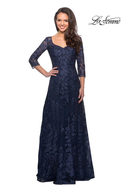 Picture of: Long Lace A-line Three Quarter Sleeve Gown in Navy, Style: 28053, Detail Picture 2