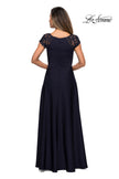 Picture of: Long Satin Dress with Sheer Floral Lace Cap Sleeves in Navy, Style: 28100, Detail Picture 2