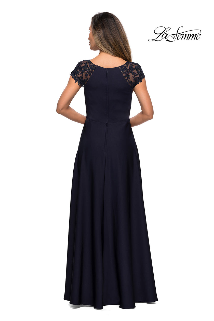 Picture of: Long Satin Dress with Sheer Floral Lace Cap Sleeves in Navy, Style: 28100, Detail Picture 2