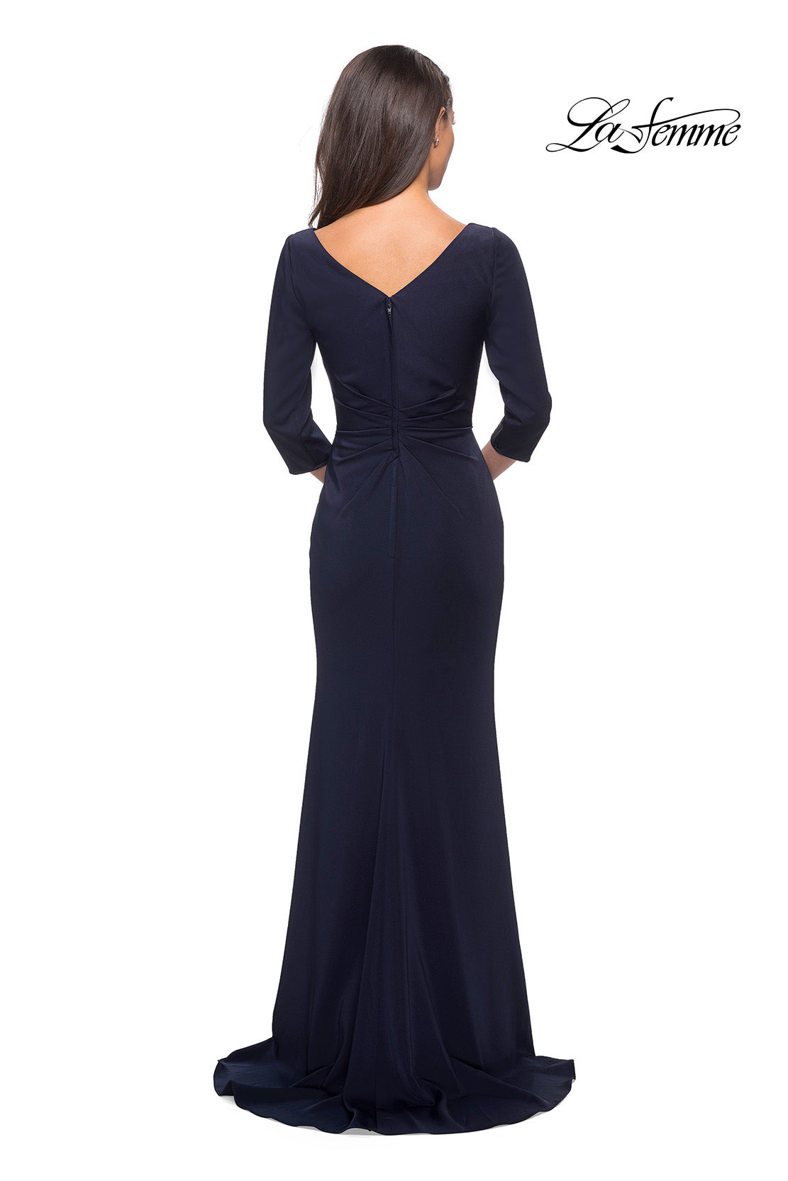 Picture of: Three Quarter Sleeve Jersey Dress with Ruching in Navy, Style: 28197, Detail Picture 2