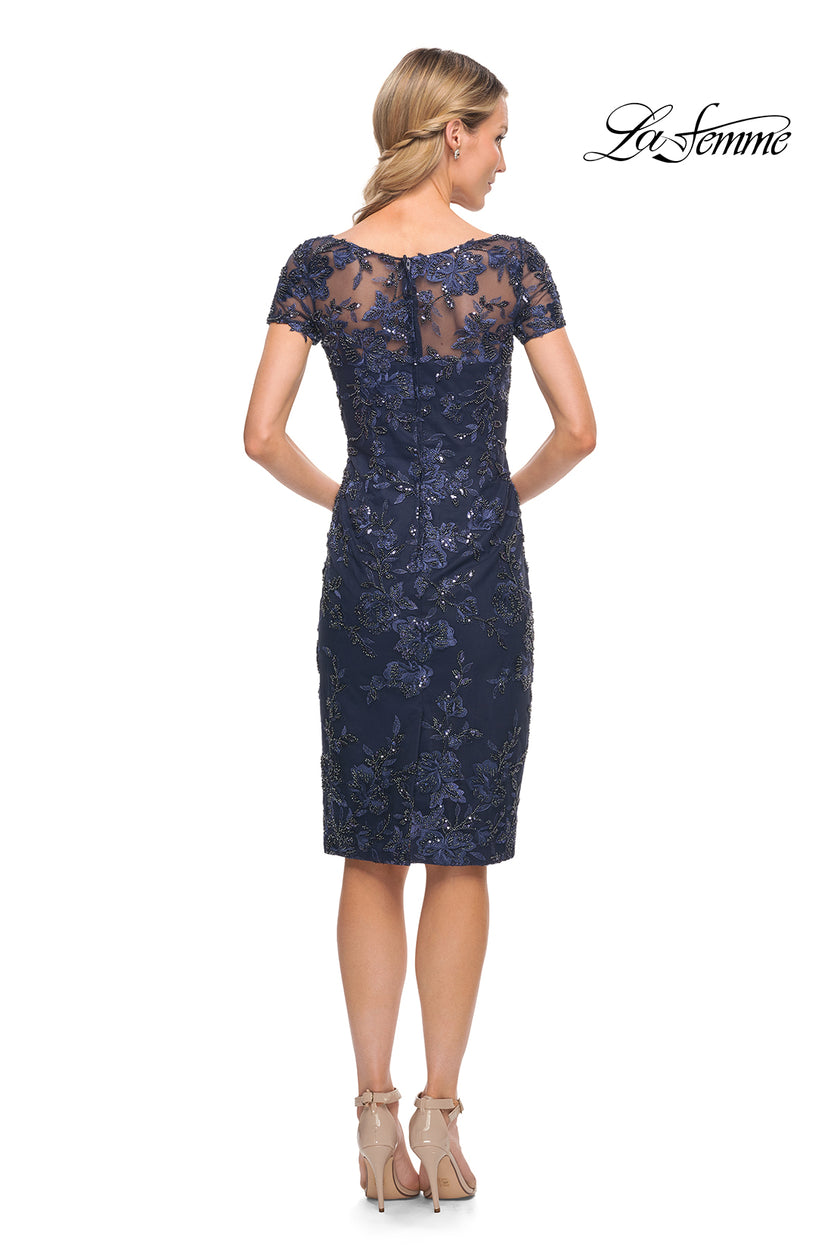 Picture of: Beautiful Short Dress with Illusion Top and Sleeve in Blue, Style: 29982, Detail Picture 2
