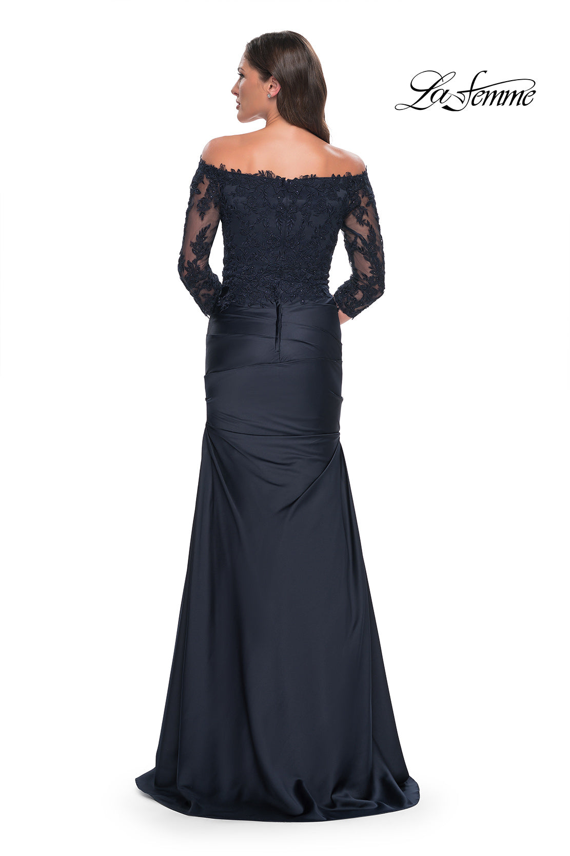 Picture of: Mermaid Satin Dress with Gathering and Off the Shoulder Top in Navy, Style: 30853, Detail Picture 2