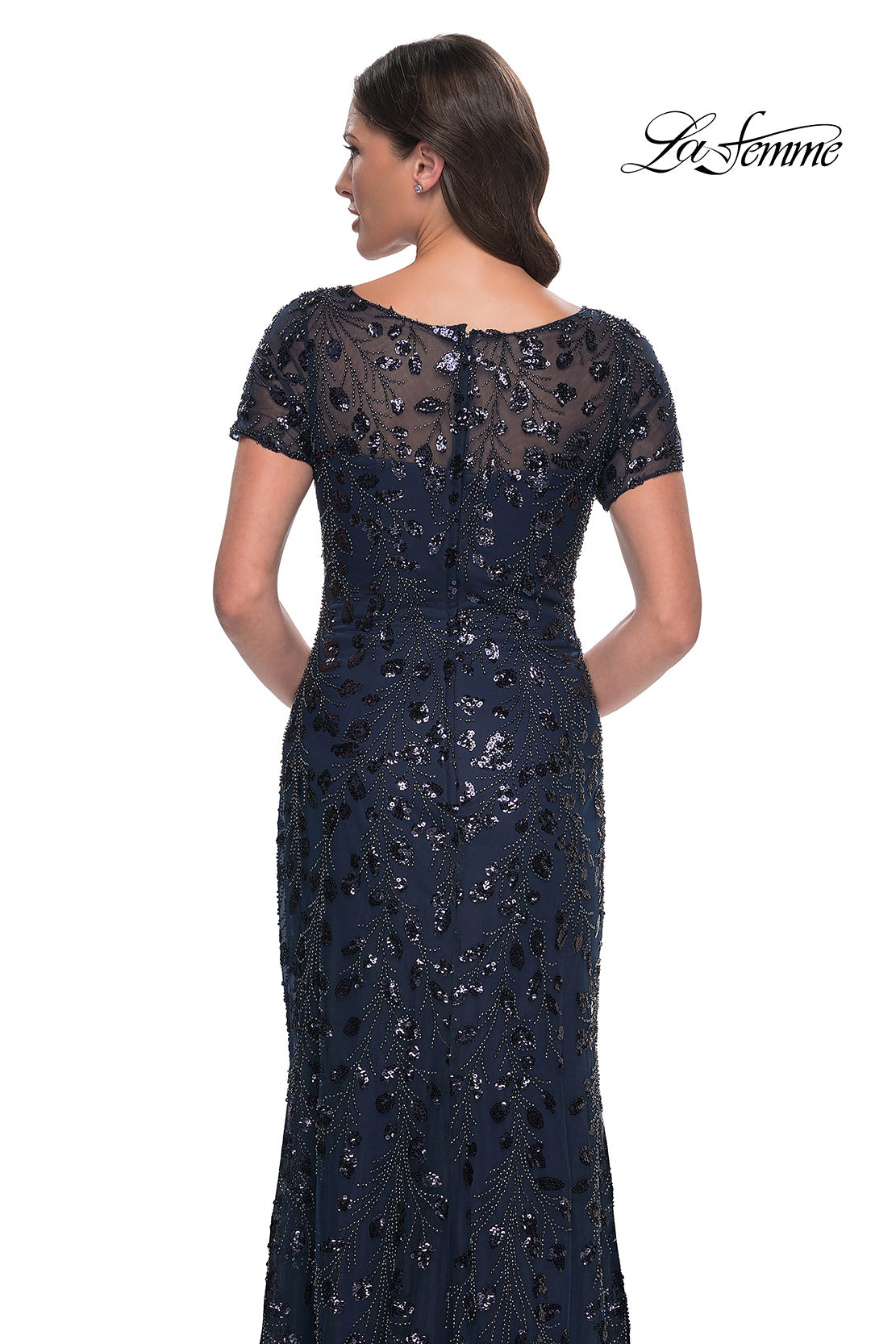 Picture of: Beaded Sequin Chic Evening Dress with Illusion Top and Short Sleeves in Navy, Style: 30877, Detail Picture 2