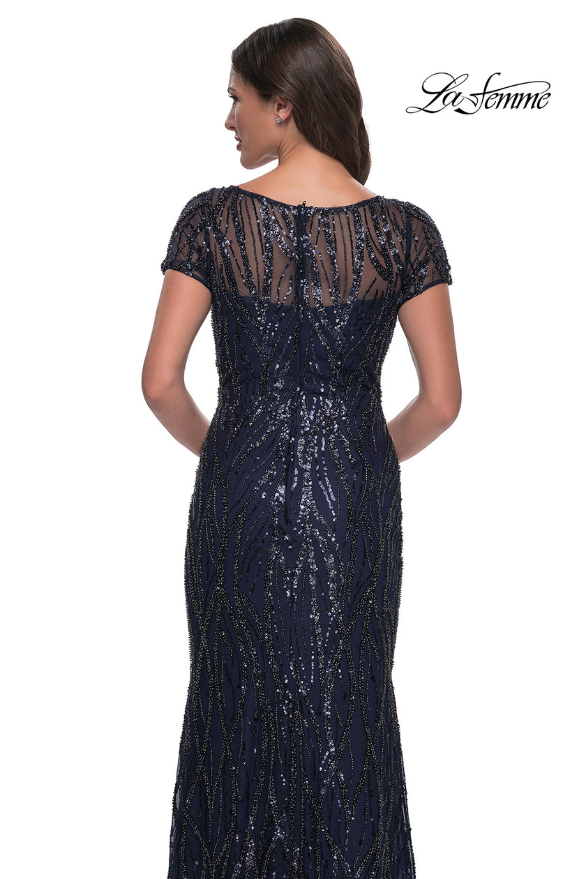 Picture of: Beaded Print Fitted Evening Dress with Illusion Neckline in Navy, Style: 31005, Detail Picture 2