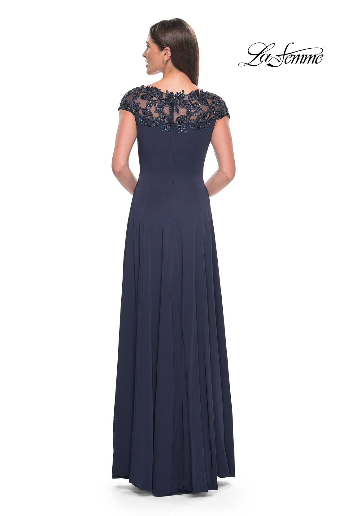 Picture of: A-Line Satin Dress with Stunning Beaded Neckline and Short Sleeves in Navy, Style: 31195, Detail Picture 2