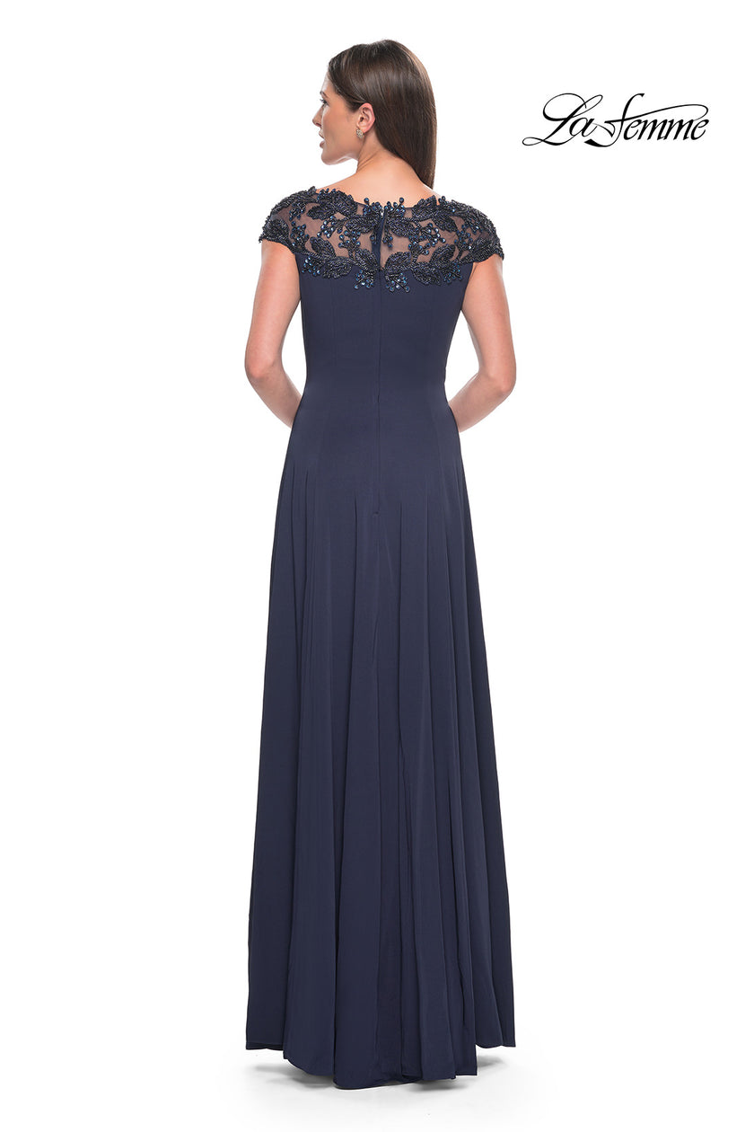 Picture of: A-Line Satin Dress with Stunning Beaded Neckline and Short Sleeves in Navy, Style: 31195, Detail Picture 2