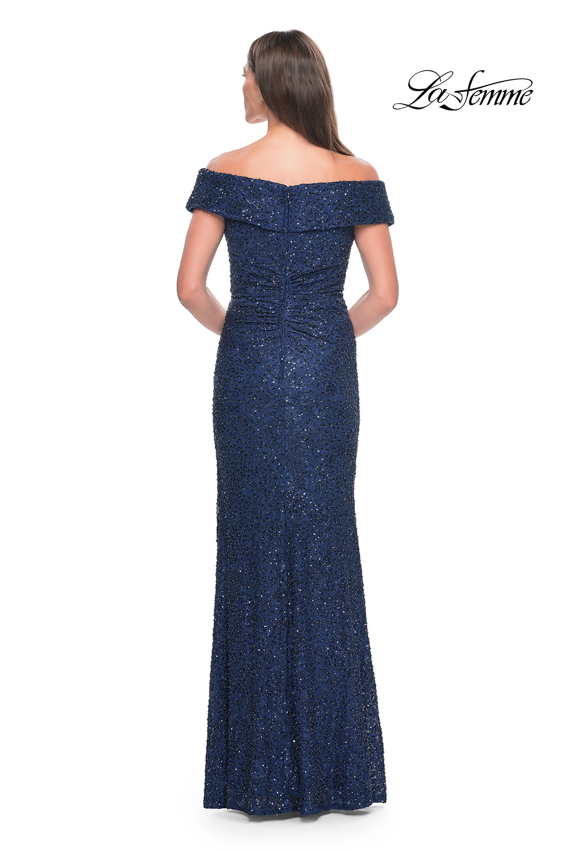 Picture of: Off the Shoulder Beaded Lace Evening Gown in Navy, Style: 31679, Detail Picture 2