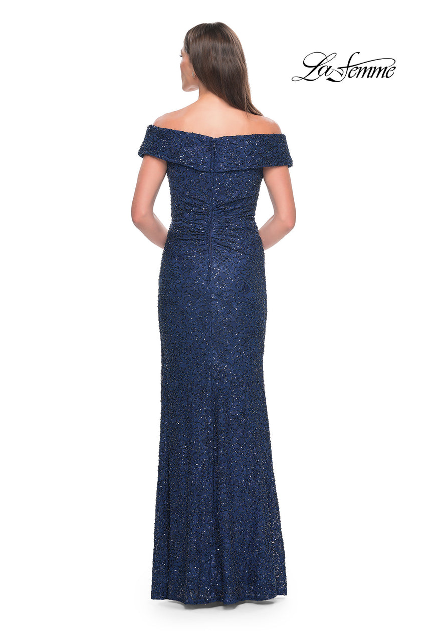 Picture of: Off the Shoulder Beaded Lace Evening Gown in Navy, Style: 31679, Detail Picture 2