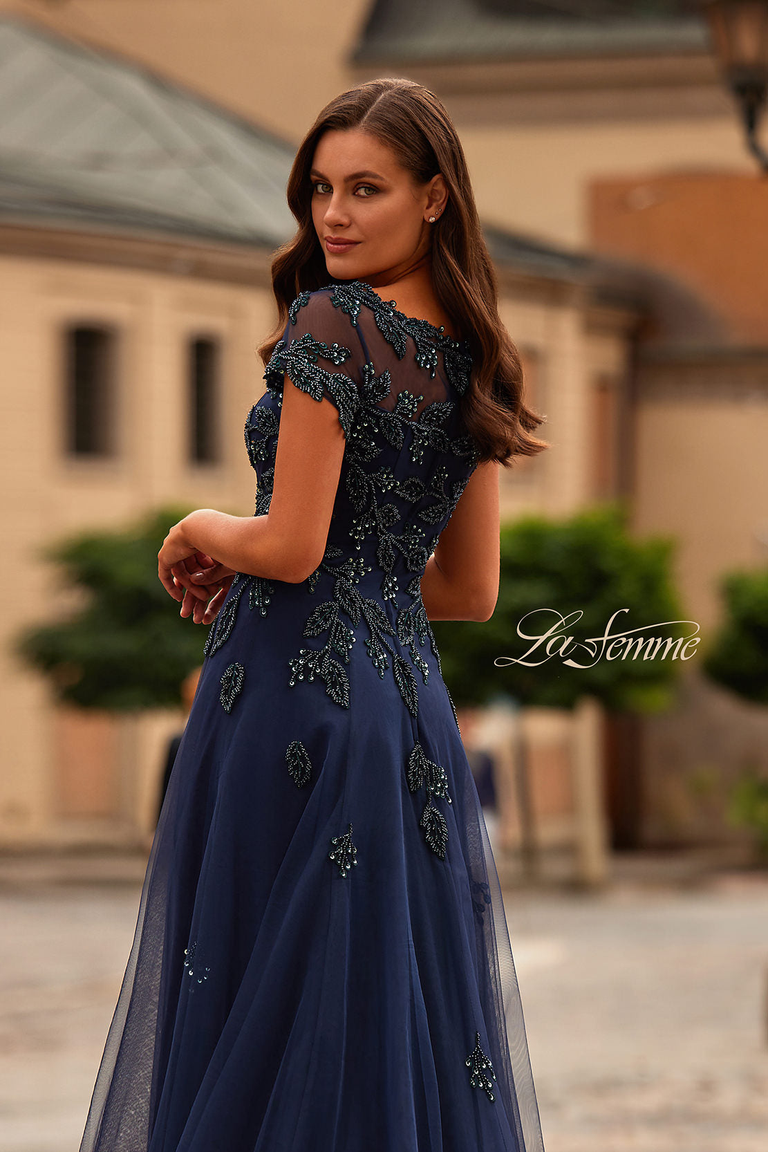 Picture of: Gorgeous Gown with Beaded Lace Applique in Navy, Style: 31692, Detail Picture 2