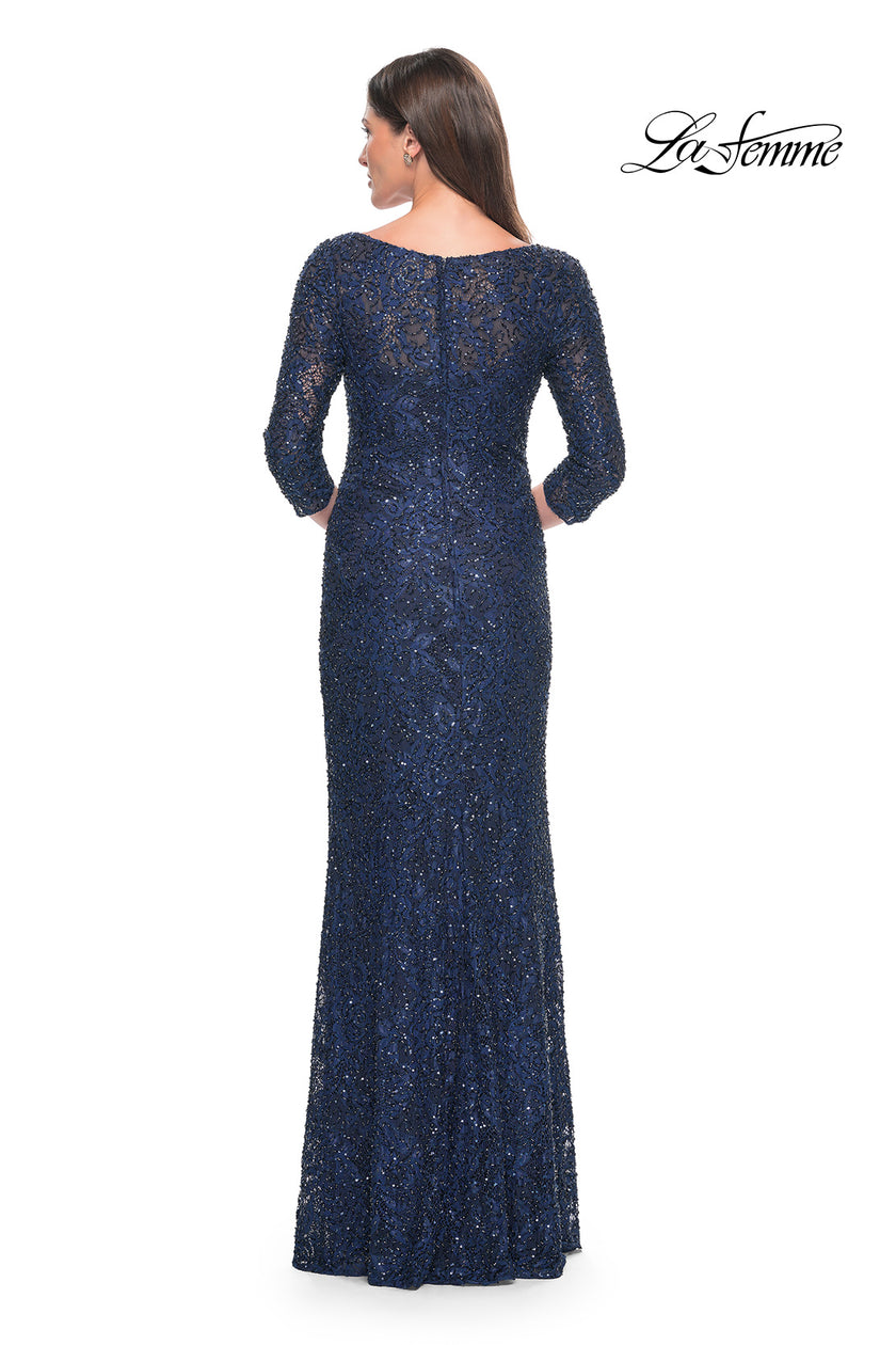 Picture of: Fitted Beaded Lace Evening Gown with Ruching in Navy, Style: 31721, Detail Picture 2