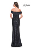 Picture of: Off the Shoulder Sequin Gown with Ruching in Navy, Style: 31772, Detail Picture 2