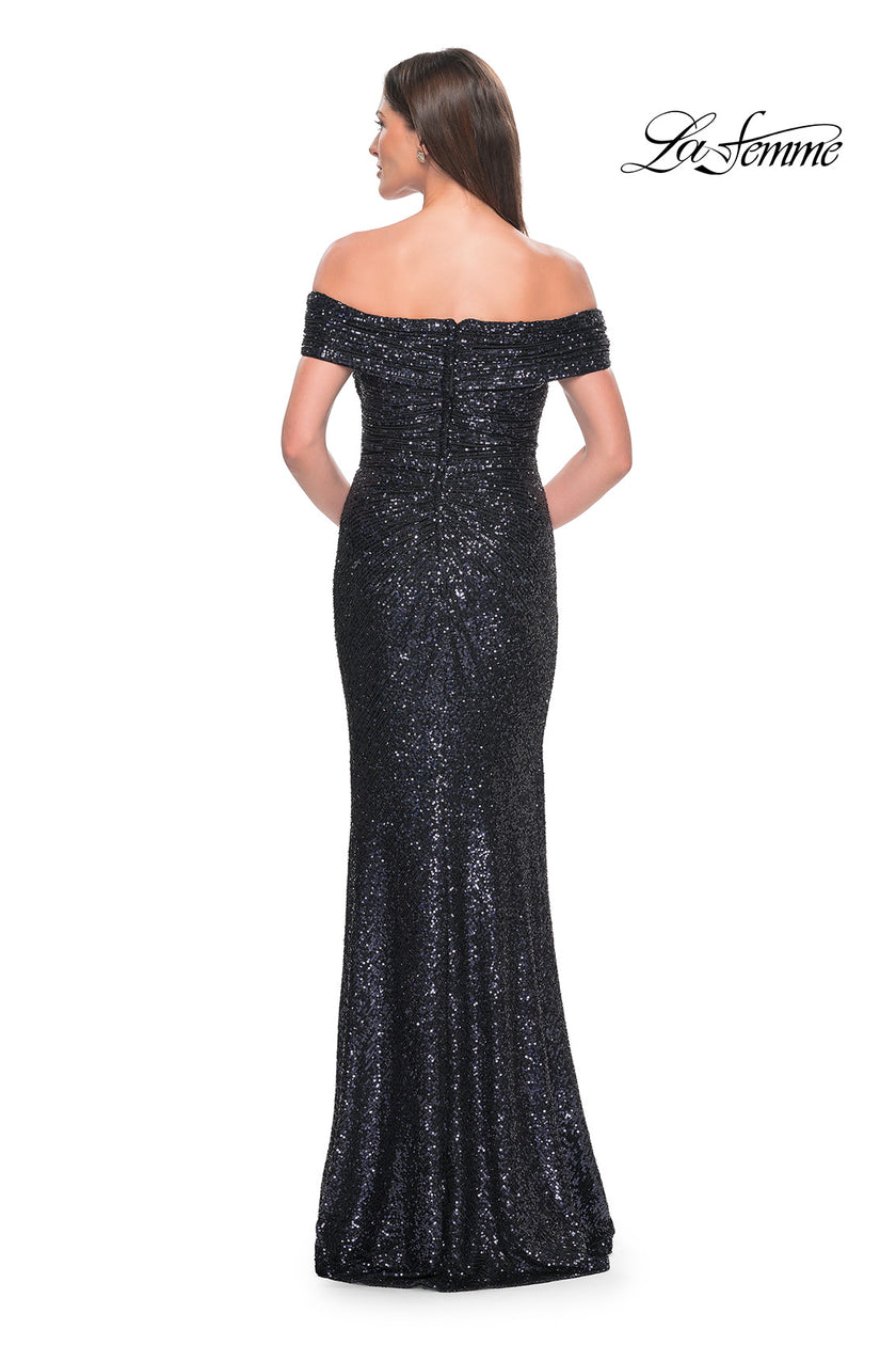 Picture of: Off the Shoulder Sequin Gown with Ruching in Navy, Style: 31772, Detail Picture 2