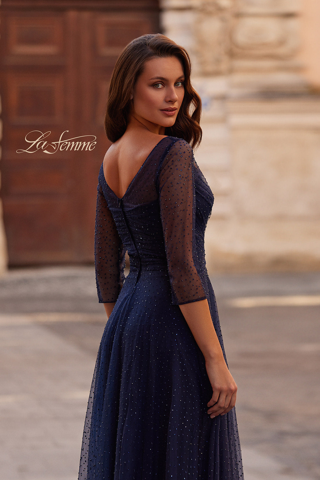 Picture of: Rhinestone Tulle Gown with Full Skirt and Ruched Bodice in Navy, Style: 32460, Detail Picture 2