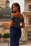 Picture of: Off the Shoulder Jersey Gown with Floral Sequin Top in Navy, Style: 32739, Detail Picture 2