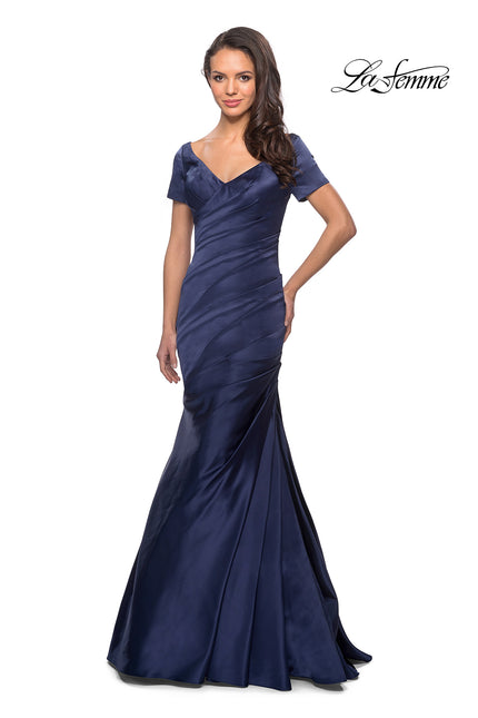 Picture of: Long Satin Gown with Elegant Ruching in Navy, Style: 26947, Detail Picture 3